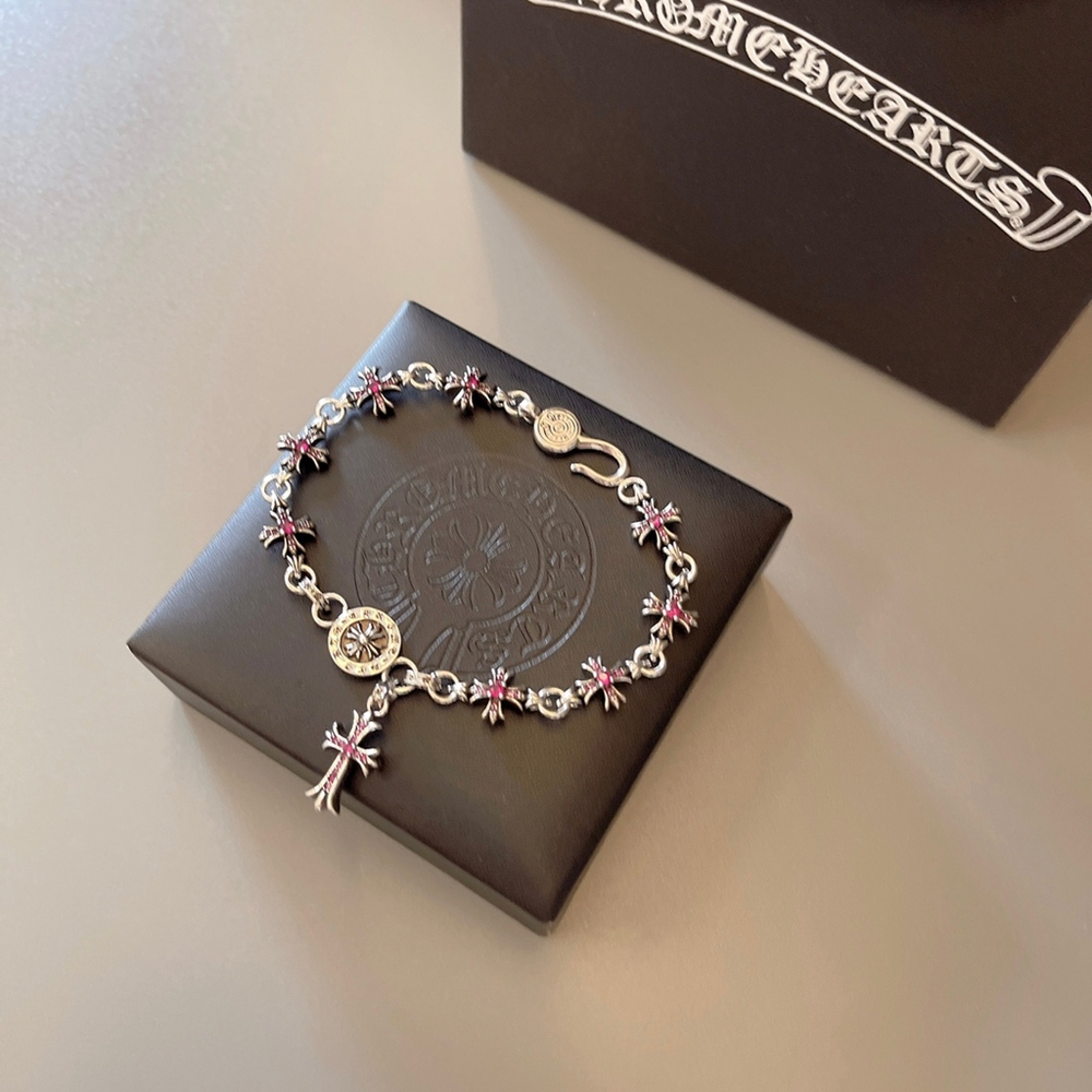 Chrome Hearts Red Cross Silver Chain Bracelet